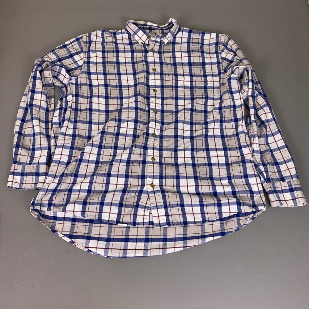 Cabelas Flannel Shirt Mens XL Tall Blue White Plaid Button Up Long Sleeve Cotton